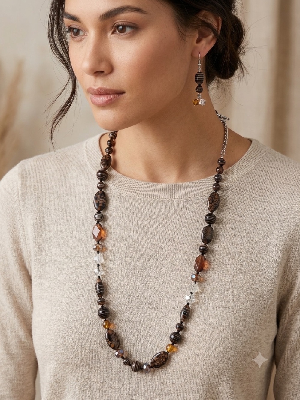 Earthy Beaded Statement Necklace & Dangle Earring Set – Brown/Clear